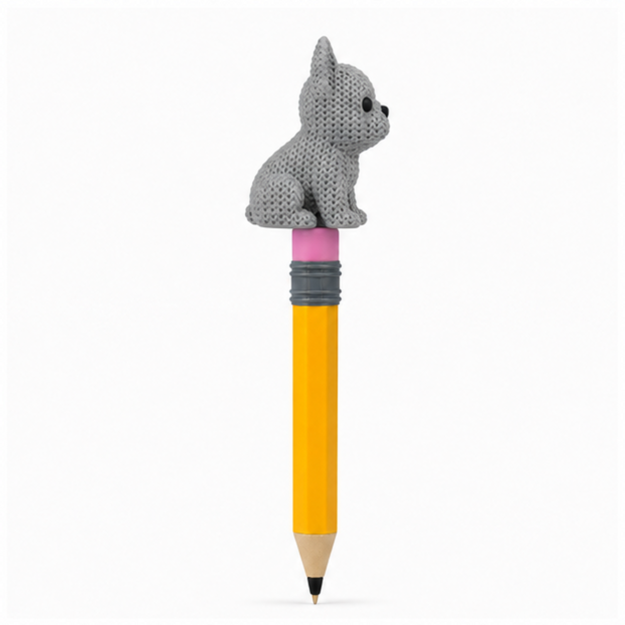 Knitted French Bulldog Dog Topkinz character on jumbo pencil side view