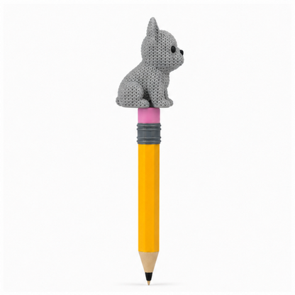 Knitted French Bulldog Dog Topkinz character on jumbo pencil side view