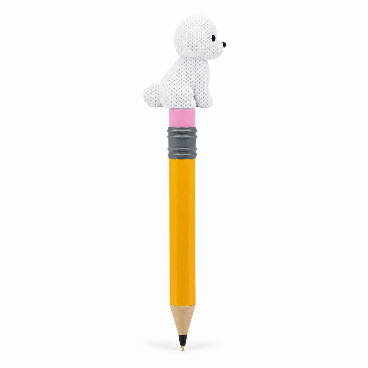 Knitted Bichon Frise Dog Topkinz character on jumbo pencil side view