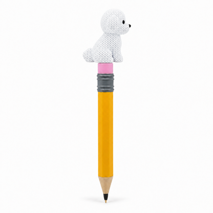 Knitted Bichon Frise Dog Topkinz character on jumbo pencil side view