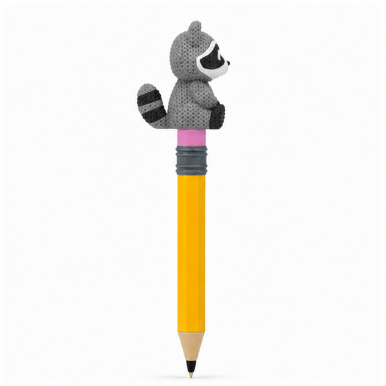 Knitted Raccoon Topkinz character on jumbo pencil side view