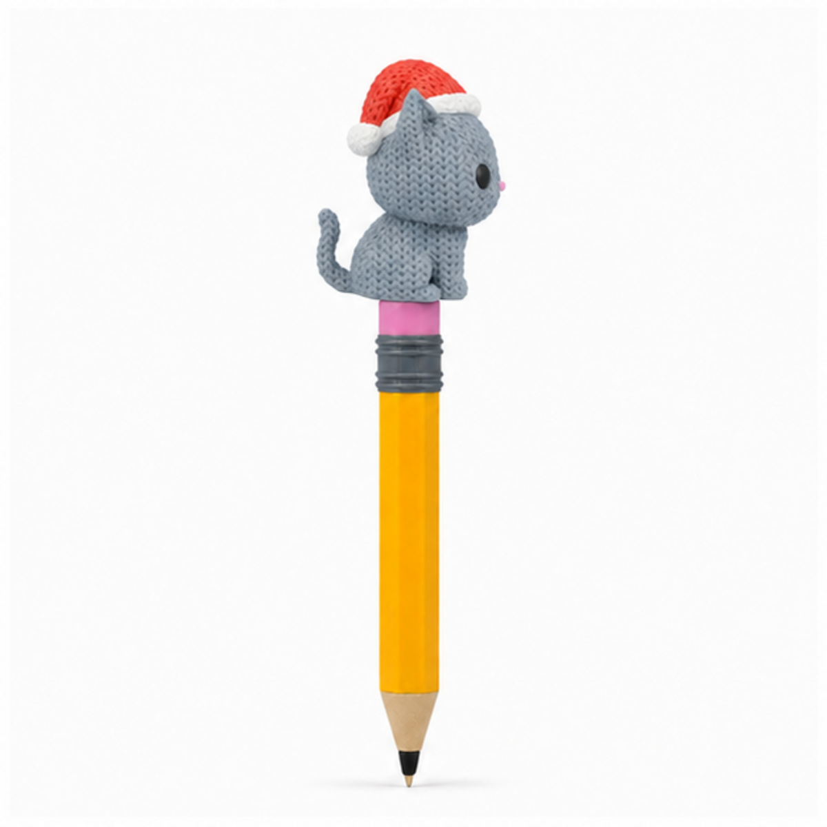 Knitted Cat with Santa Hat Christmas Topkinz character on jumbo pencil side view