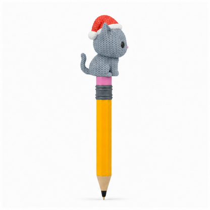 Knitted Cat with Santa Hat Christmas Topkinz character on jumbo pencil side view