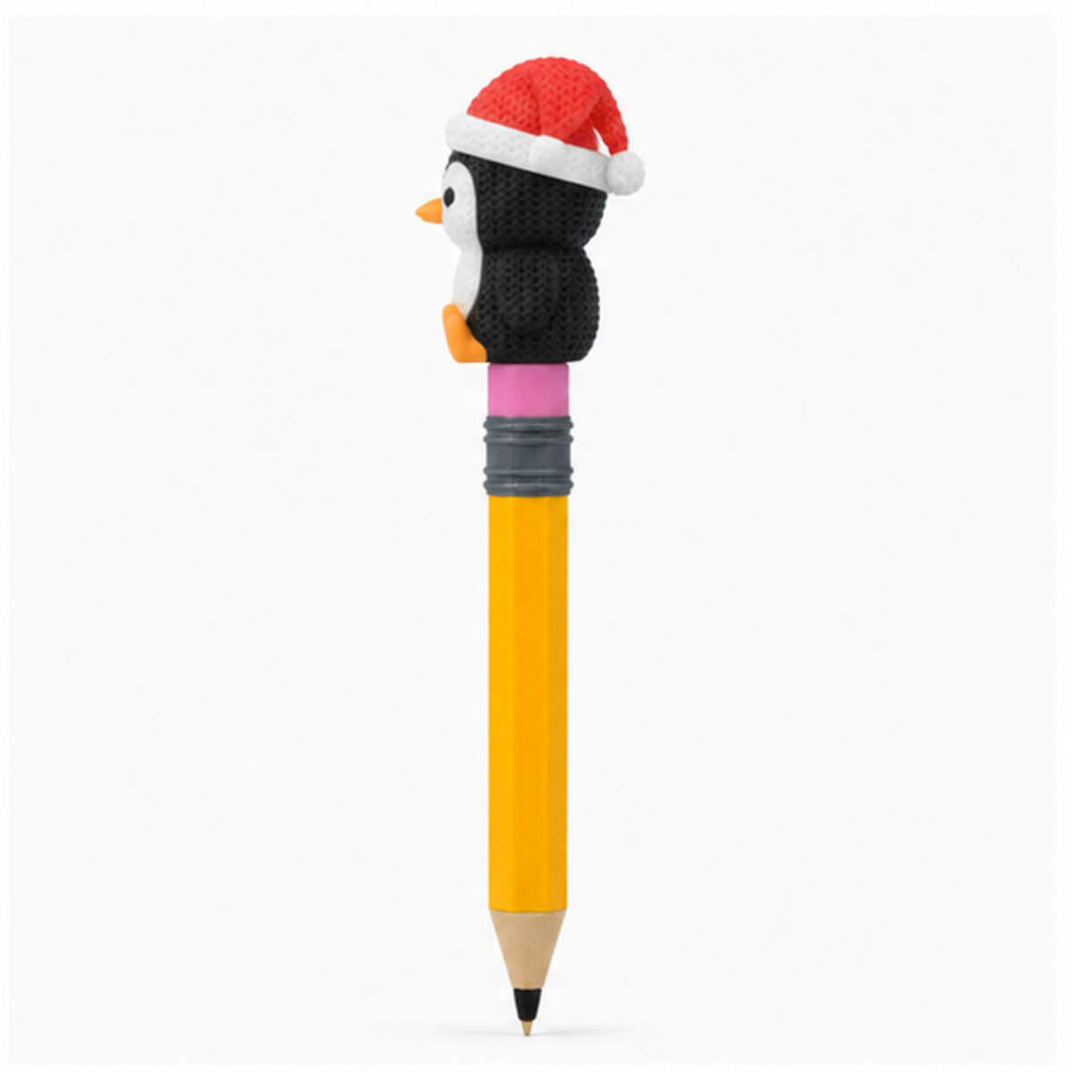 Knitted Penguin with Santa Hat Christmas Topkinz character on jumbo pencil side view