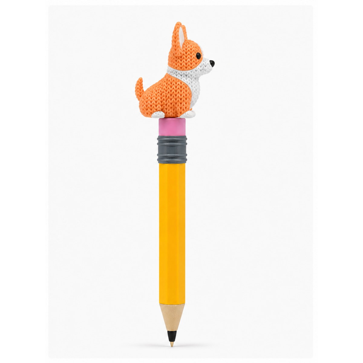 Knitted Corgi Dog Topkinz character on jumbo pencil side view