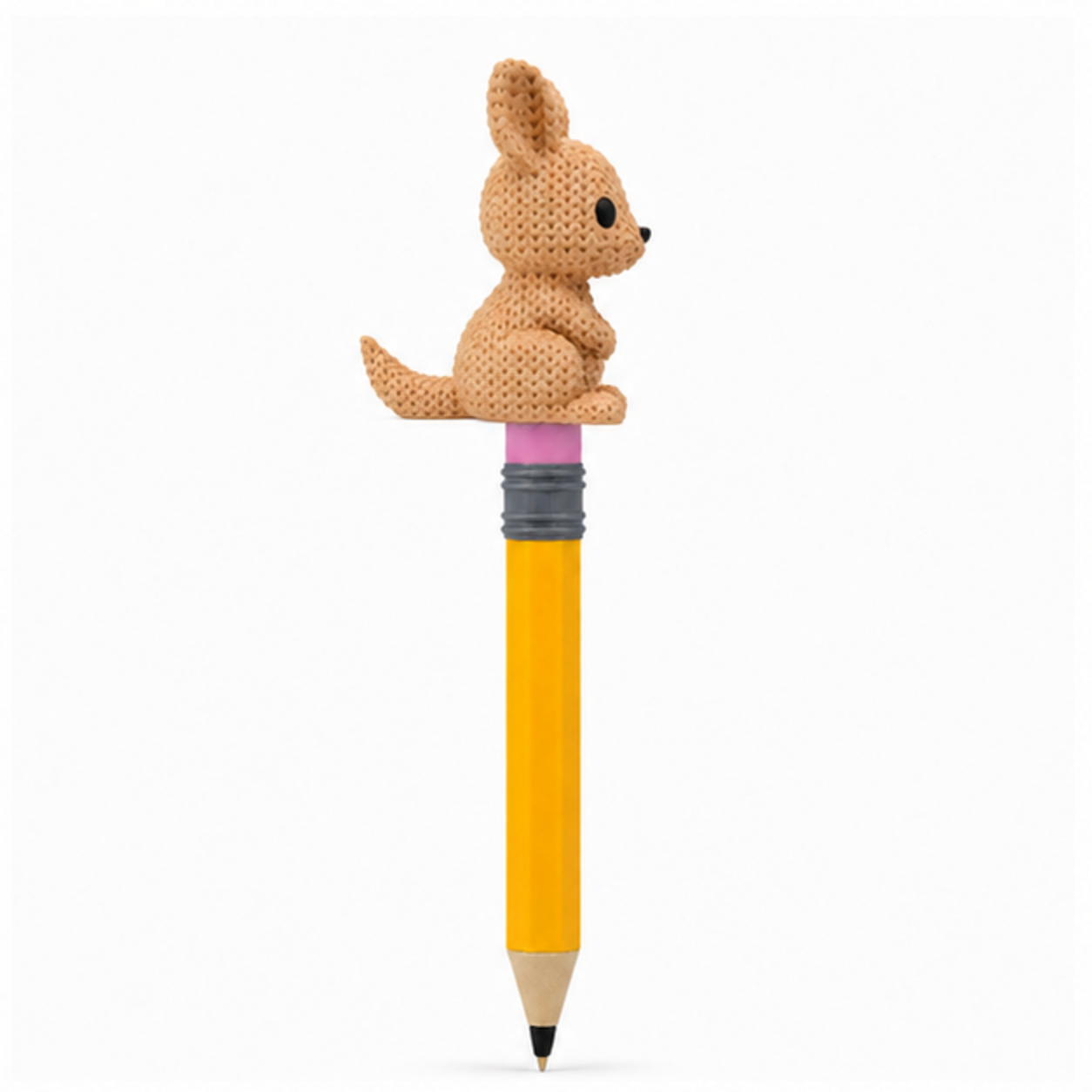 Knitted Kangaroo Topkinz character on jumbo pencil side view
