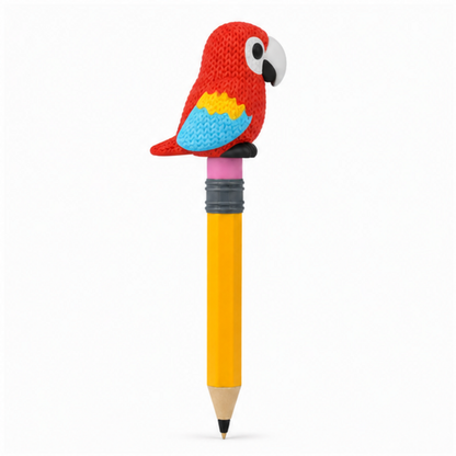 Knitted Scarlet Macaw Parrot Topkinz character on jumbo pencil side view