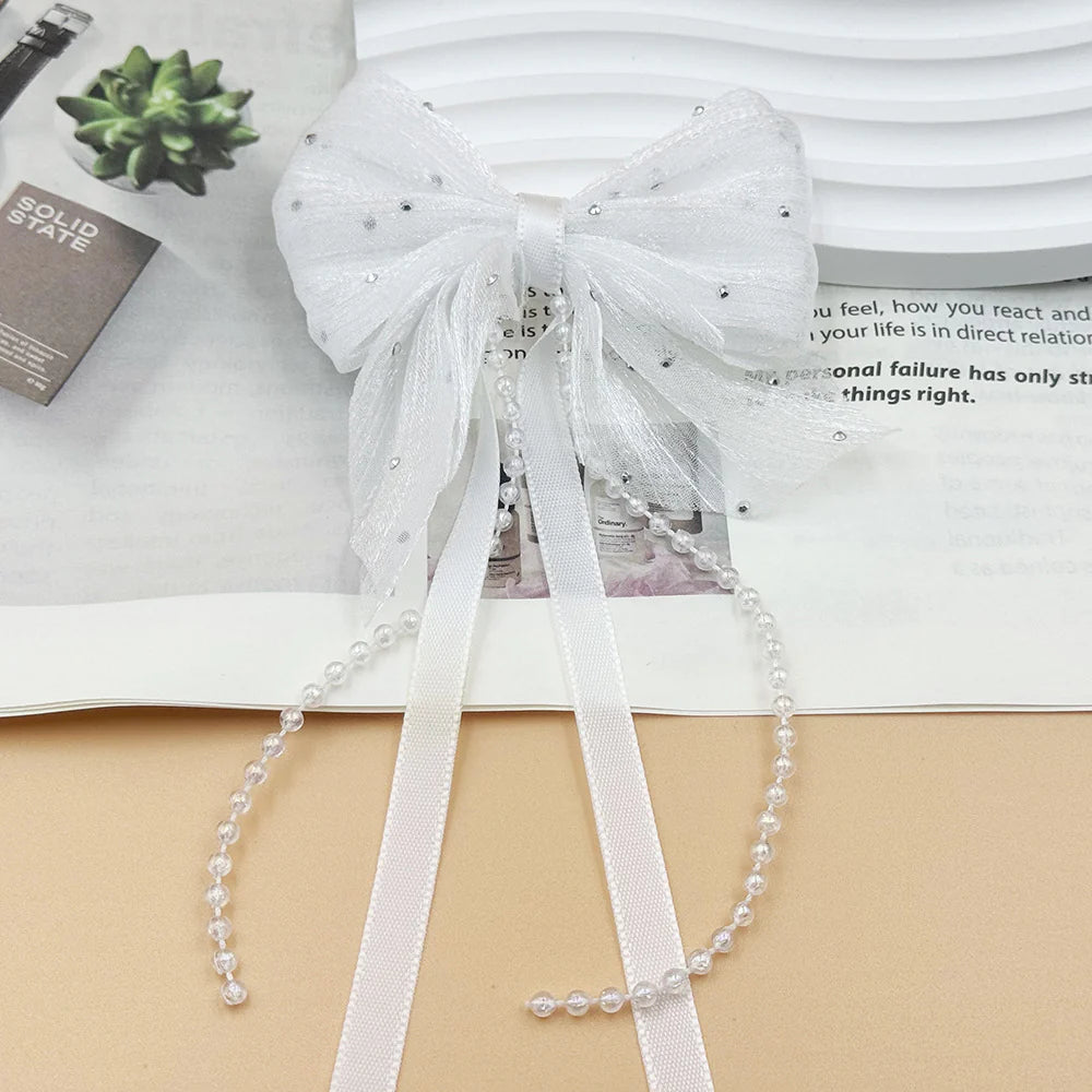 Fabric Bow Charms with Pearl Chain – 80 × 90mm (2-Piece Set, 6 Colors Available)