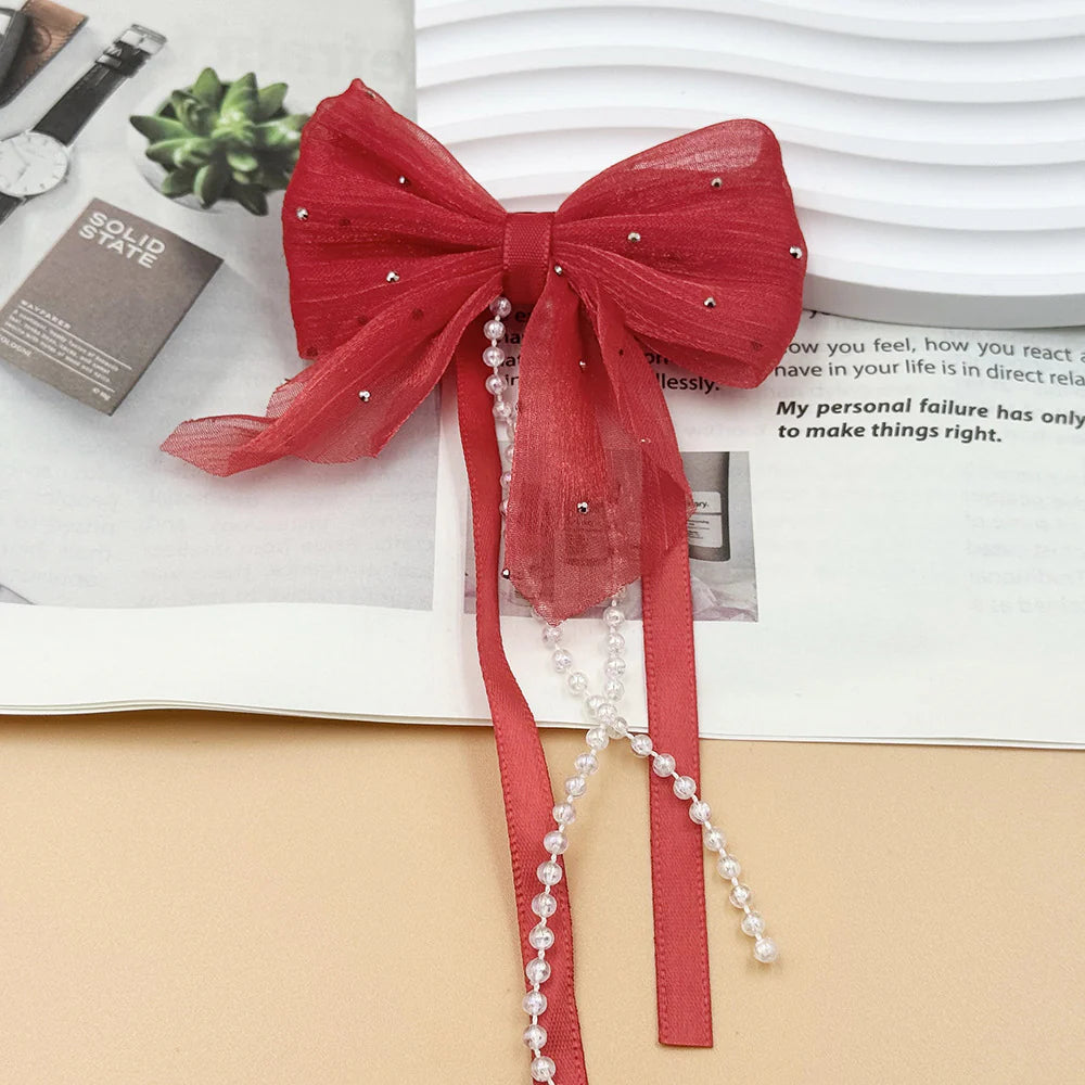 Fabric Bow Charms with Pearl Chain – 80 × 90mm (2-Piece Set, 6 Colors Available)