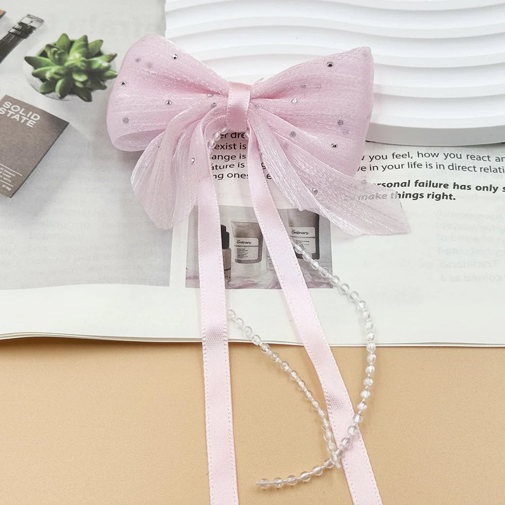 Fabric Bow Charms with Pearl Chain – 80 × 90mm (2-Piece Set, 6 Colors Available)