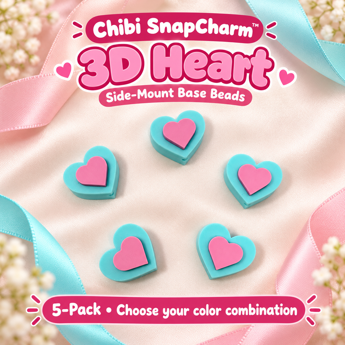 Five teal and matte pink 3D heart side-mount base beads