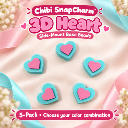 Five teal and matte pink 3D heart side-mount base beads