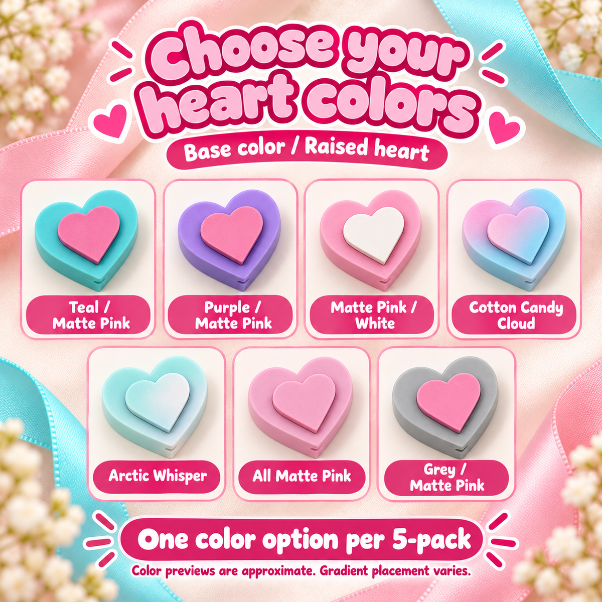 Seven color options showing base color and raised heart color; gradient placement varies