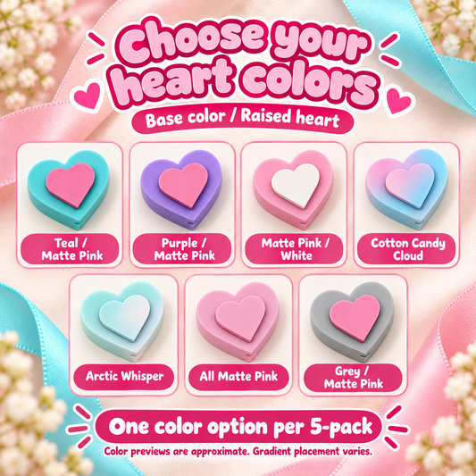 Seven color options showing base color and raised heart color; gradient placement varies
