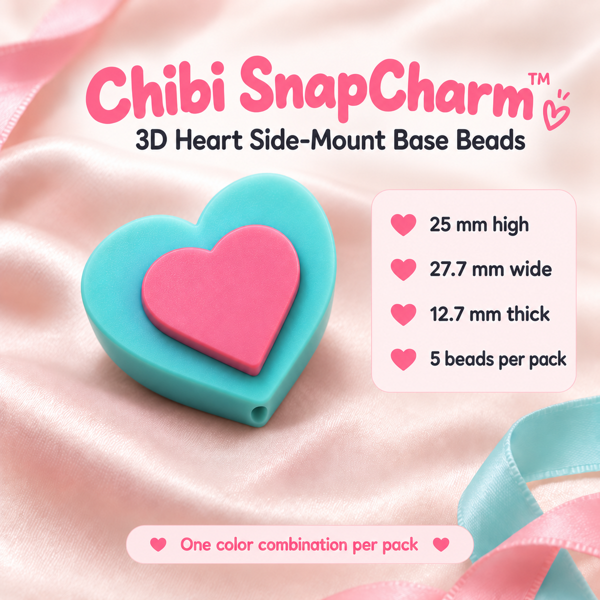 3D heart side-mount base bead with pen-rod hole at the bottom tip: 25 mm high, 27.7 mm wide, 12.7 mm thick; five per pack