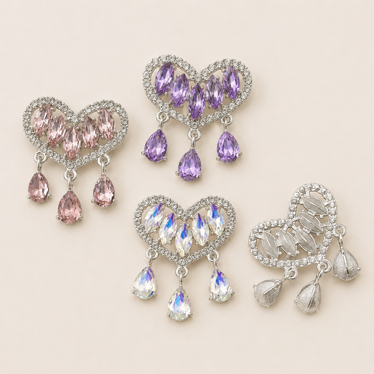 Crystal Heart Metal Patches with Dangles – 34 × 40mm (2-Piece Set, 3 Colors Available)
