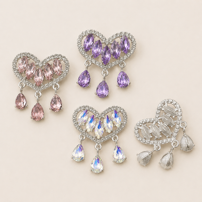 Crystal Heart Metal Patches with Dangles – 34 × 40mm (2-Piece Set, 3 Colors Available)