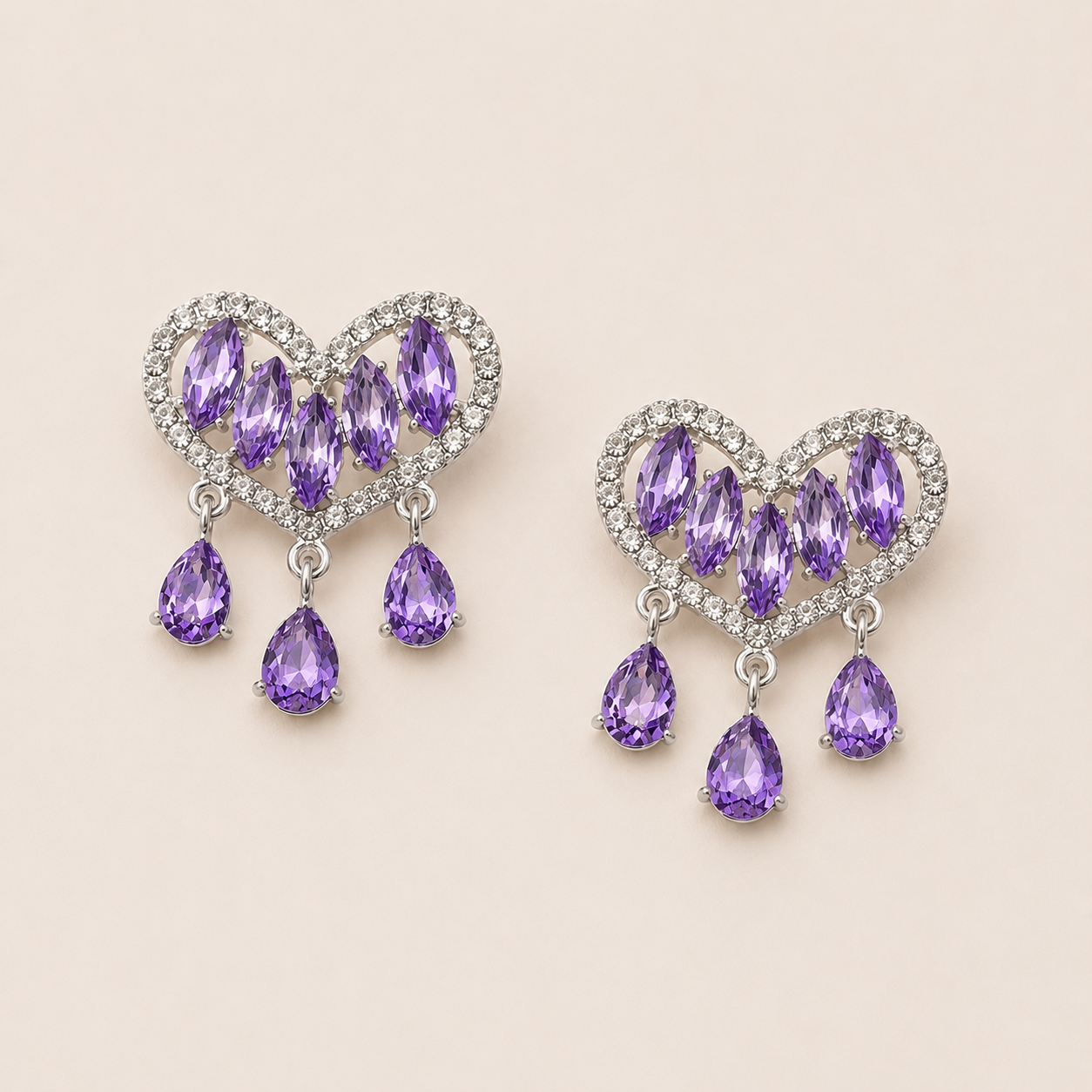 Crystal Heart Metal Patches with Dangles – 34 × 40mm (2-Piece Set, 3 Colors Available)