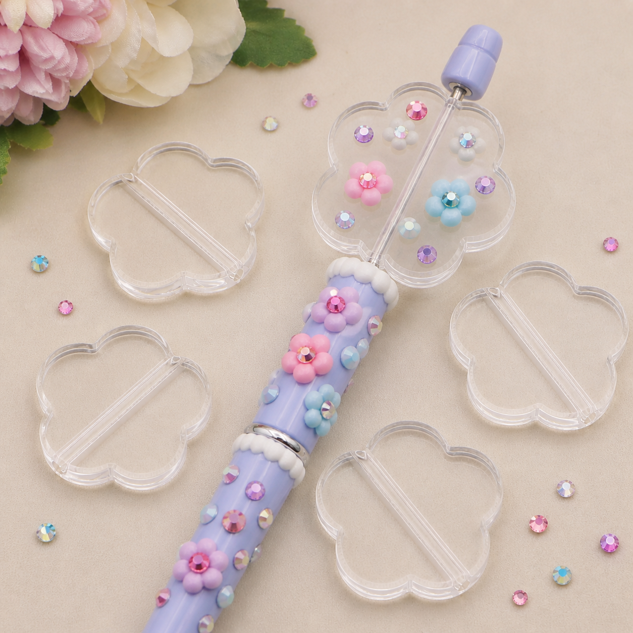 Clear 5-Petal Flower Base Beads – 32mm (10-Piece Set)