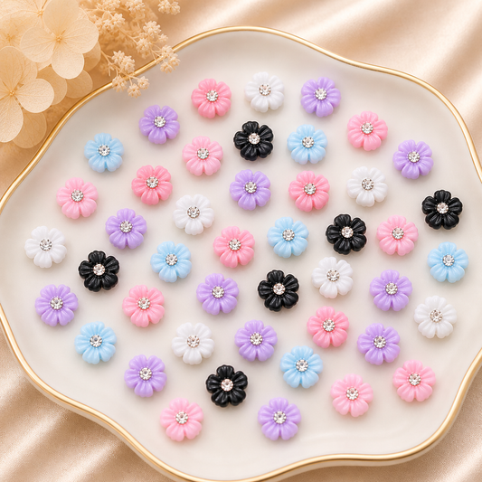 Flower Crystal Nail Charms – 8mm Flat Base (50-Piece Pack, 6 Color Options)