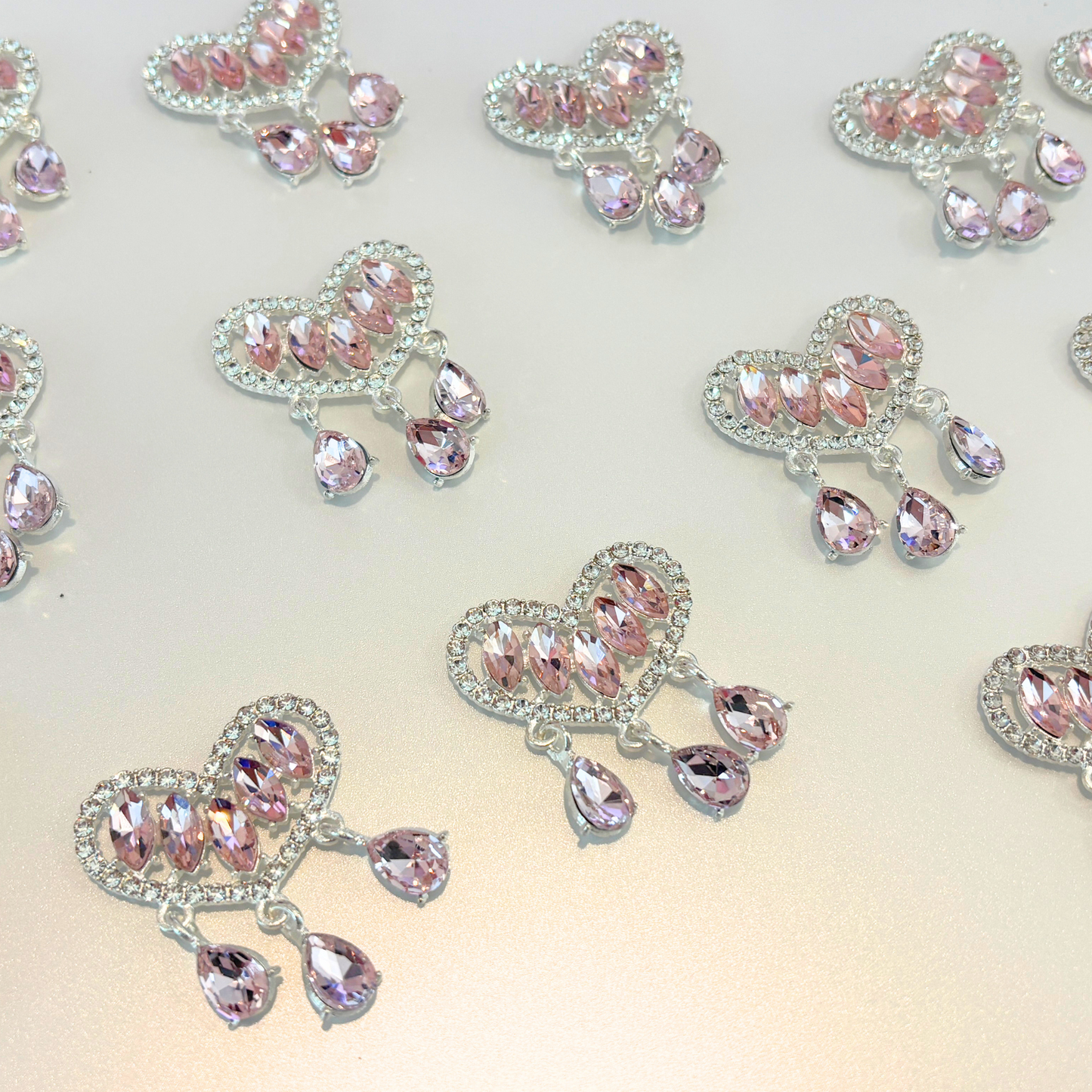 Crystal Heart Metal Patches with Dangles (Pink) – 34 × 40mm (2-Piece Set)