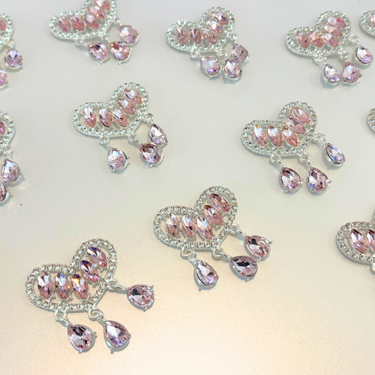 Crystal Heart Metal Patches with Dangles (Pink) – 34 × 40mm (2-Piece Set)