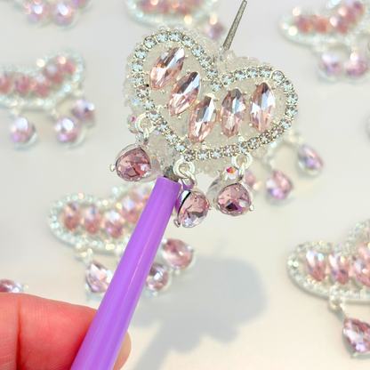 Crystal Heart Metal Patches with Dangles (Pink) – 34 × 40mm (2-Piece Set)