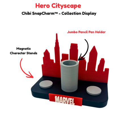 Chibi SnapCharm™ Red/Black Hero Cityscape Collection Display