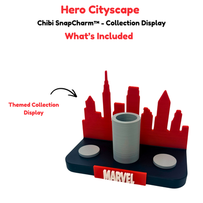 Chibi SnapCharm™ Red/Black Hero Cityscape Collection Display
