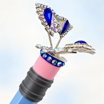 Navy and silver rhinestone butterfly topper attached to silk blue jumbo pen