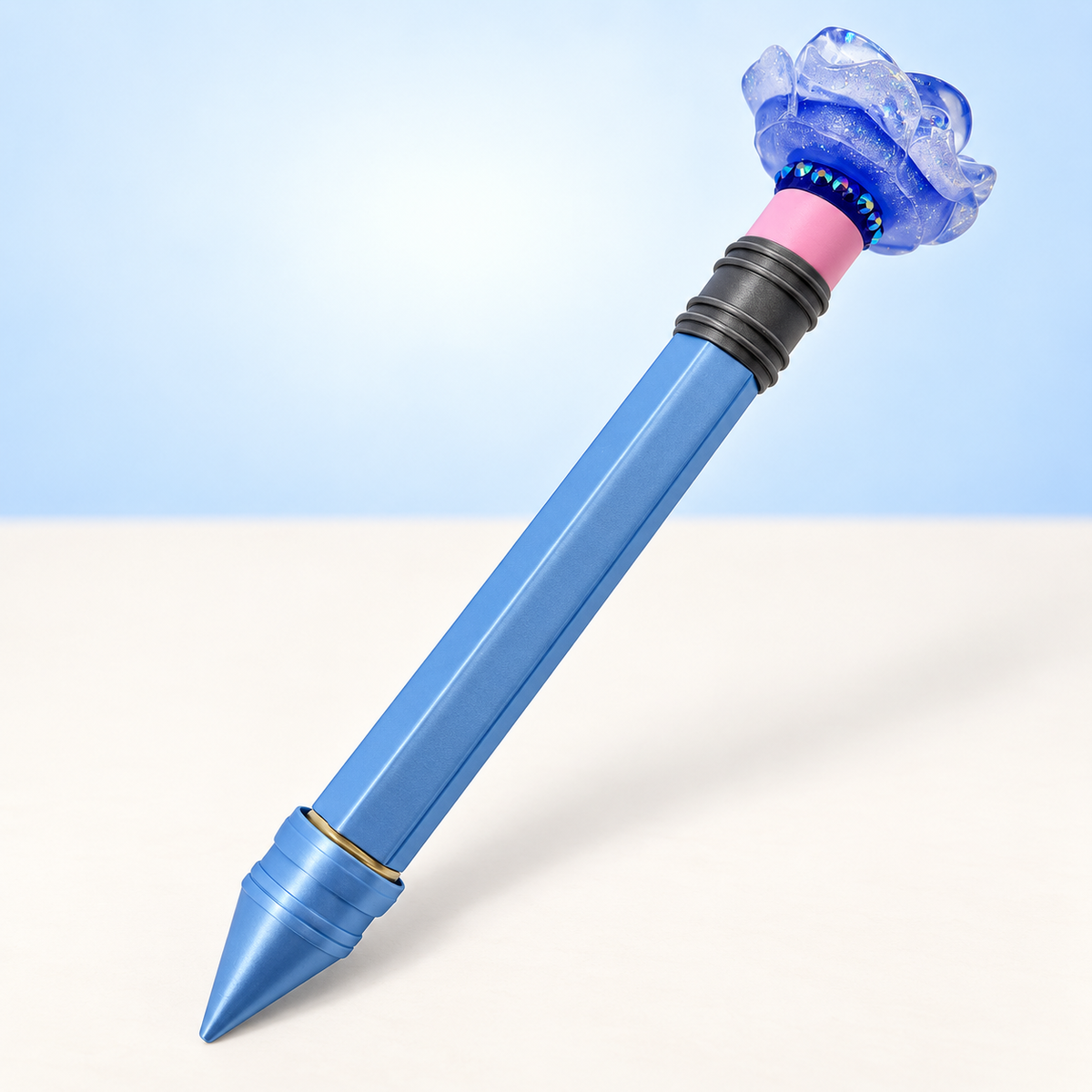 Blue glitter resin rose topper attached to silk blue jumbo pencil pen