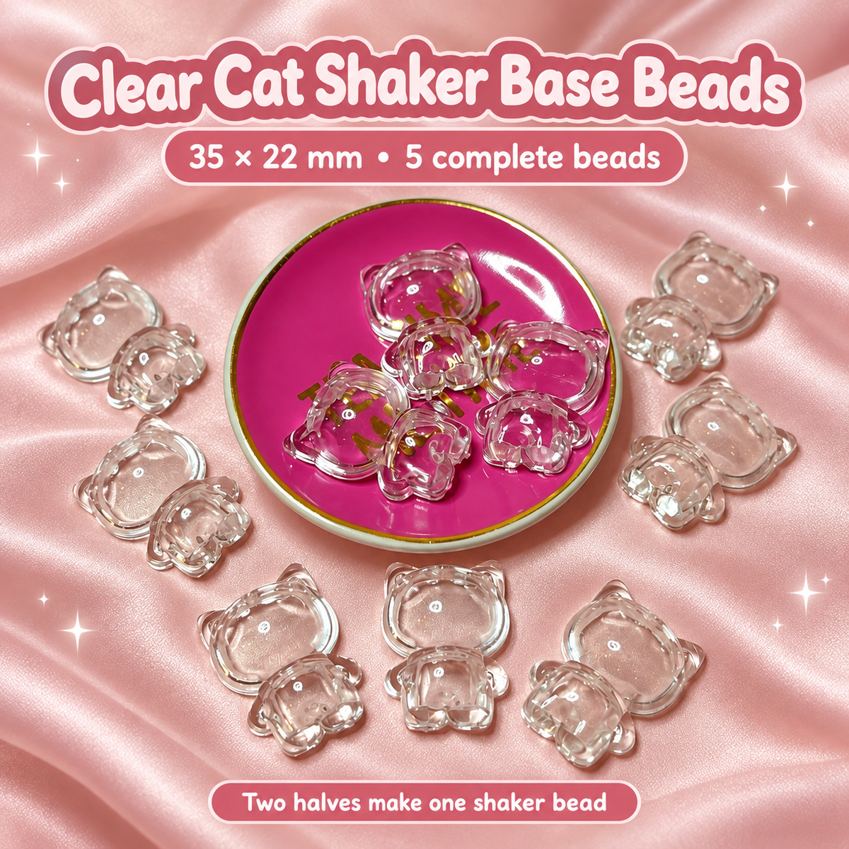 Clear cat shaker base beads showing their complete connected cat shapes, 35 by 22 mm, five complete beads