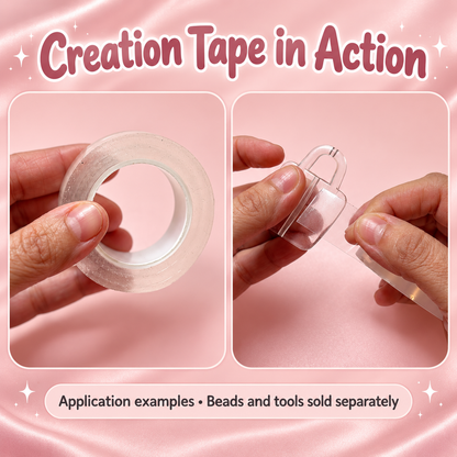 Clear Creation Tape Rolls for Beads 2 cm wide (5m Roll): original close-up and application views; accessories shown as examples