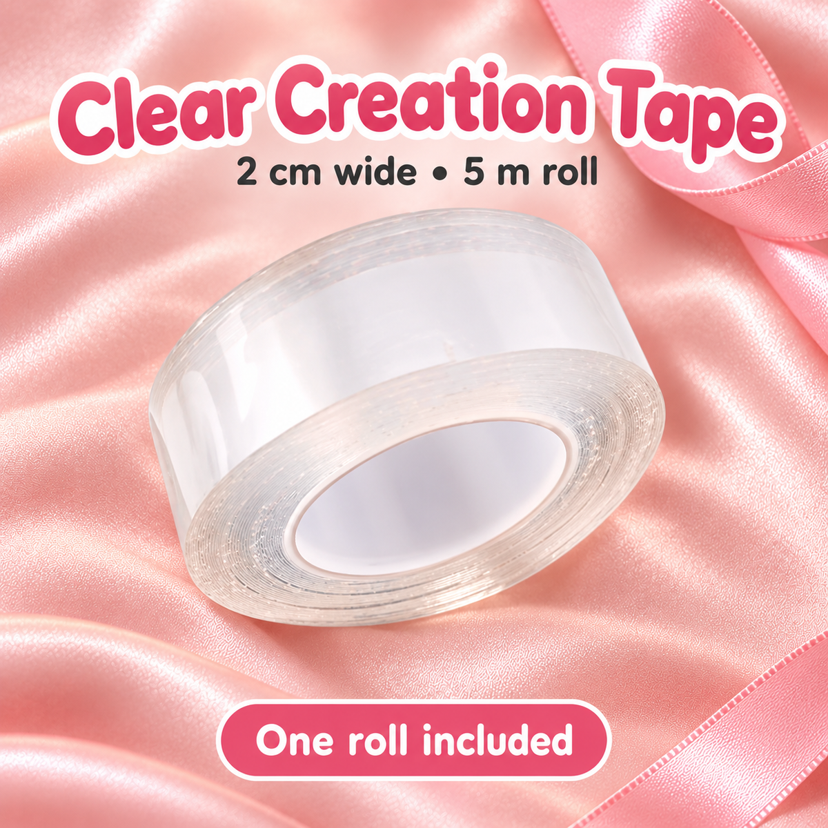 Clear Creation Tape Rolls for Beads 2 cm wide (5m Roll) on a soft blush pink background