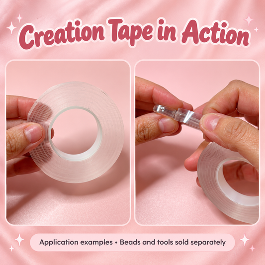 Beads Creation Tape – 1 cm Width (5 m Roll): original close-up and application views; accessories shown as examples