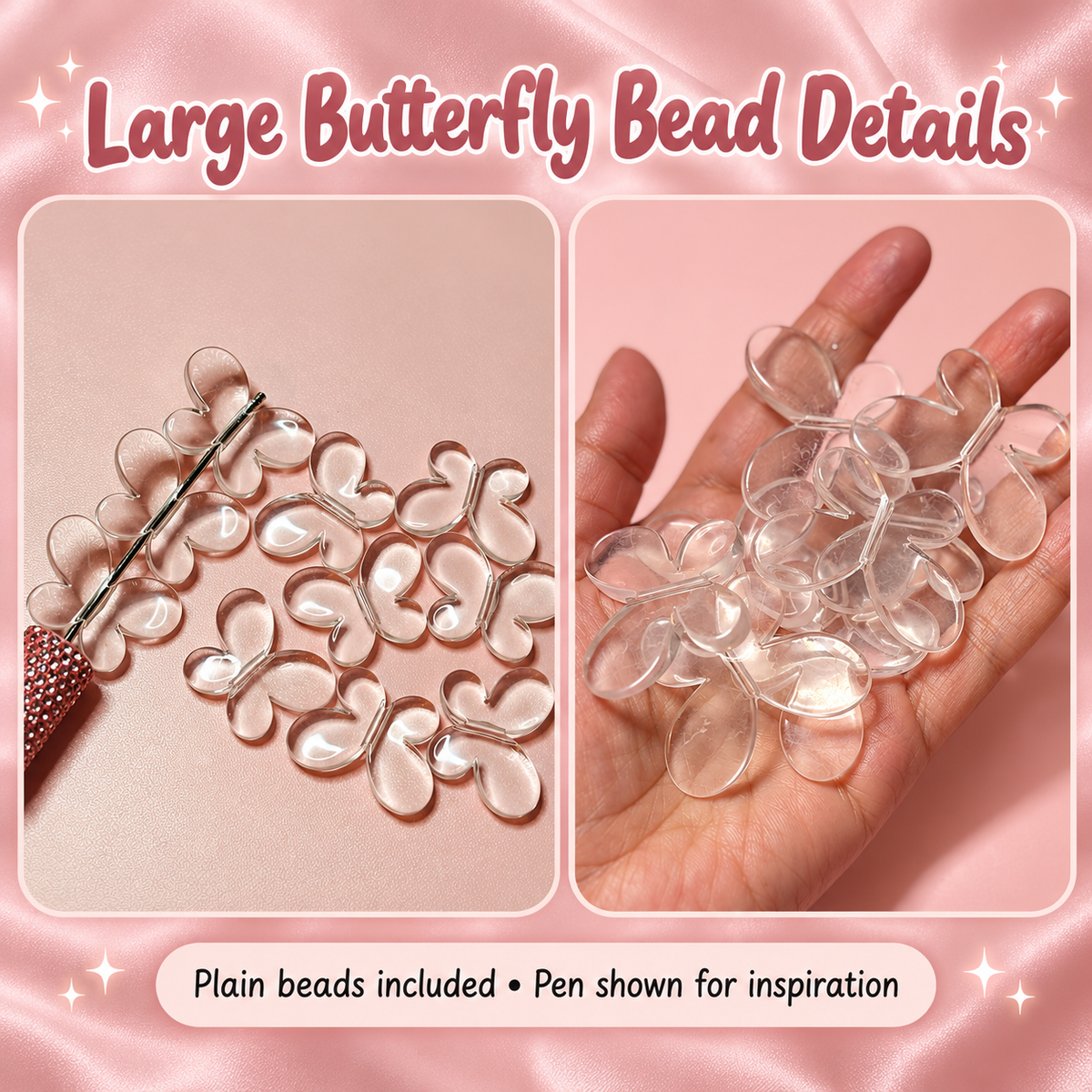 Large Clear Butterfly Acrylic Beads – 45 mm - (10 Pack): original close-up and application views; accessories shown as examples