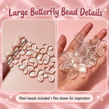 Large Clear Butterfly Acrylic Beads – 45 mm - (10 Pack): original close-up and application views; accessories shown as examples