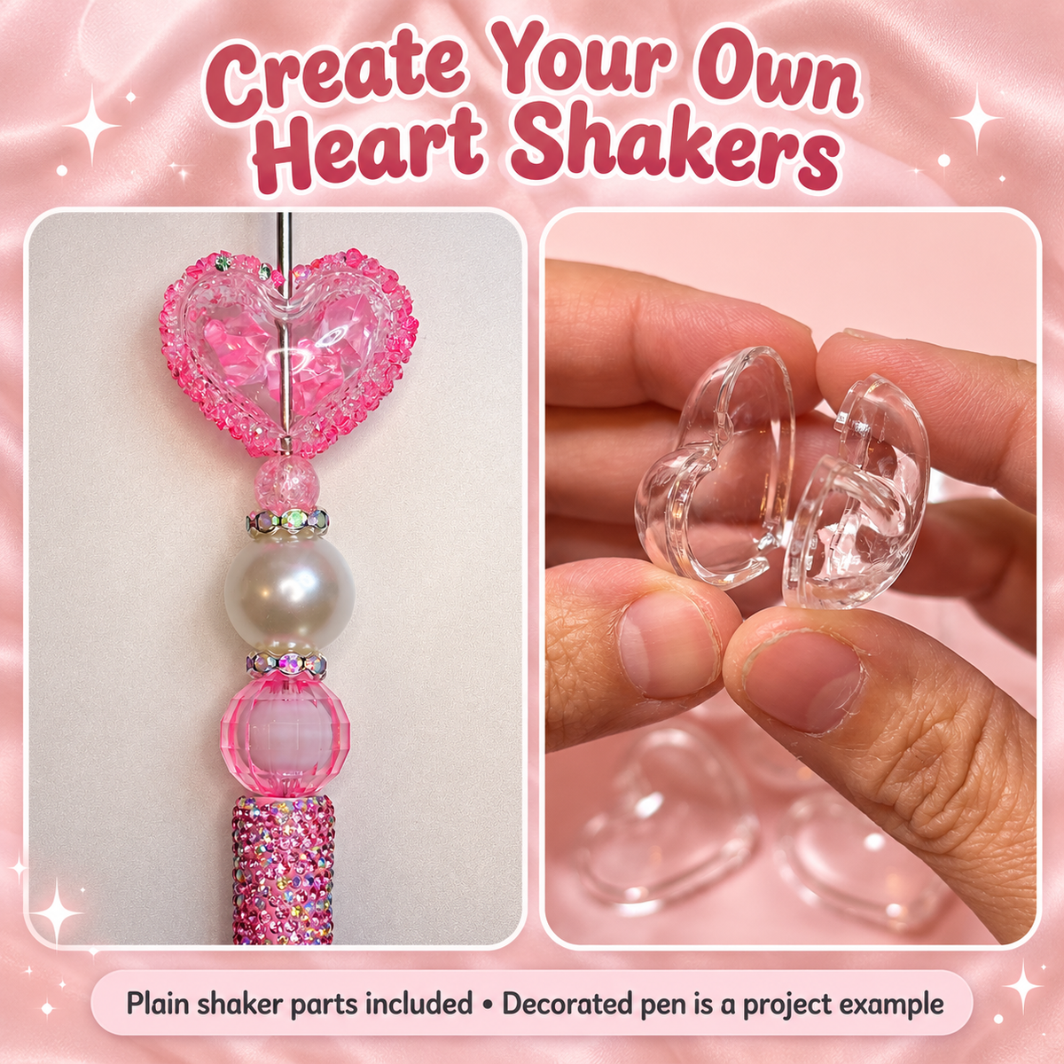 Heart Shaped Shaker Base Beads – 27 × 33mm - 5 Pack: original close-up and application views; accessories shown as examples