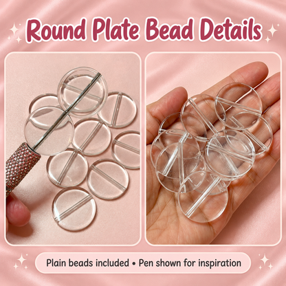 Clear Round Plate Base Beads – 32mm (10-Piece Set): original close-up and application views; accessories shown as examples