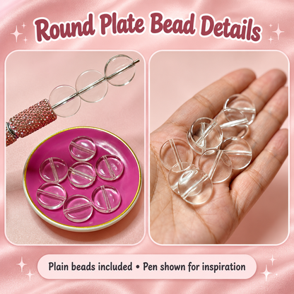 Clear Round Plate Base Beads – 20mm (5mm Thick) - 10 Piece Set: original close-up and application views; accessories shown as examples