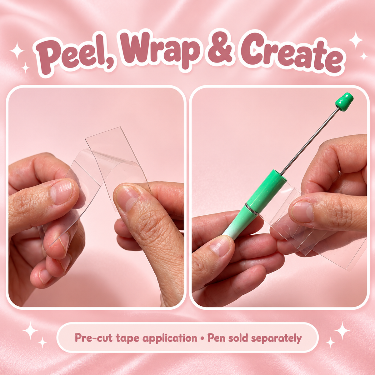 Bead Pen Pre-Cut Wrap Tape for Beadable Pens and Base Beads – 10 Pack: close-up and application examples