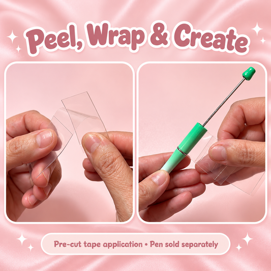 Bead Pen Pre-Cut Wrap Tape for Beadable Pens and Base Beads – 10 Pack: close-up and application examples