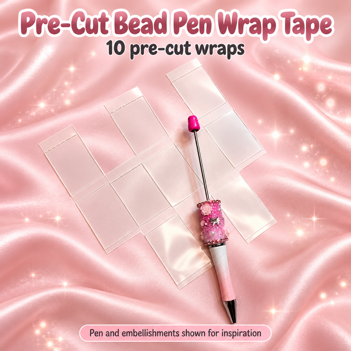 Bead Pen Pre-Cut Wrap Tape for Beadable Pens and Base Beads – 10 Pack on a blush pink background