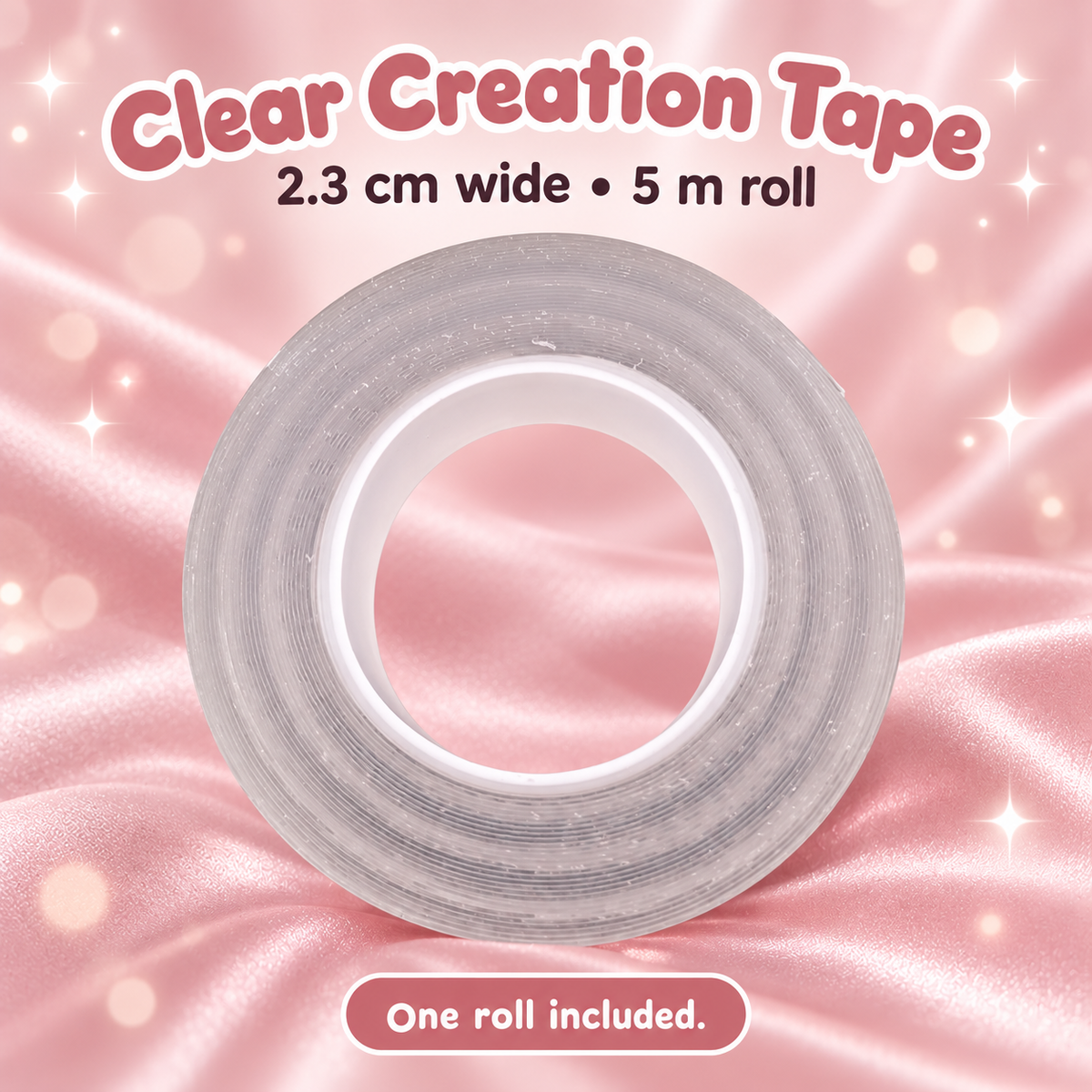 Clear Creation Tape Rolls for Beads 2.3 cm wide (5m Roll) on a blush pink background
