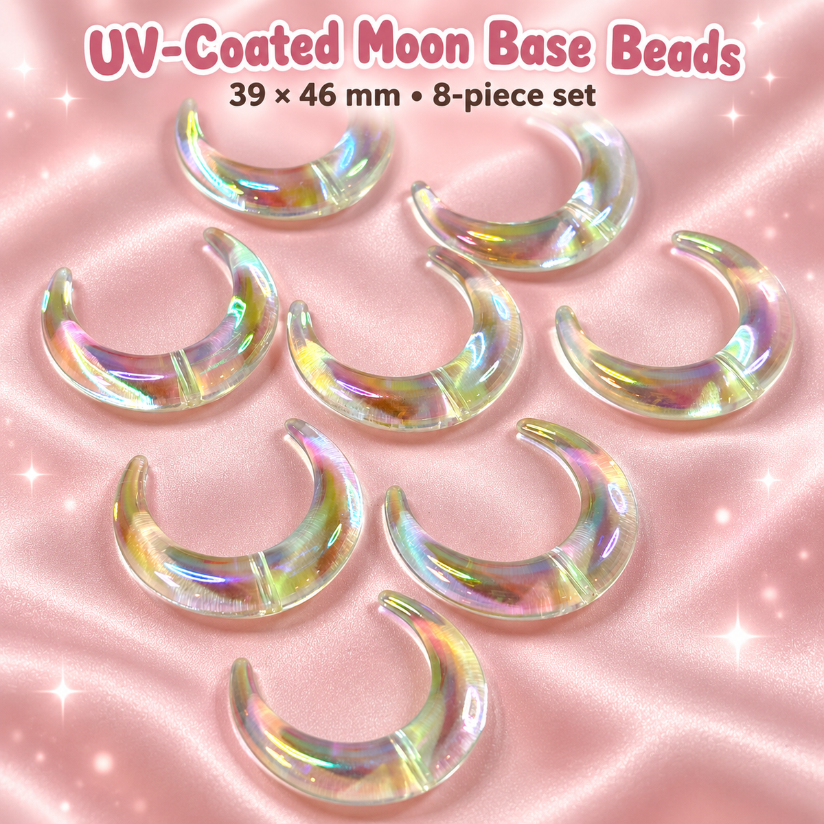 UV Coated Clear Moon Base Beads – 39 × 46mm (8-Piece Set) on a blush pink background