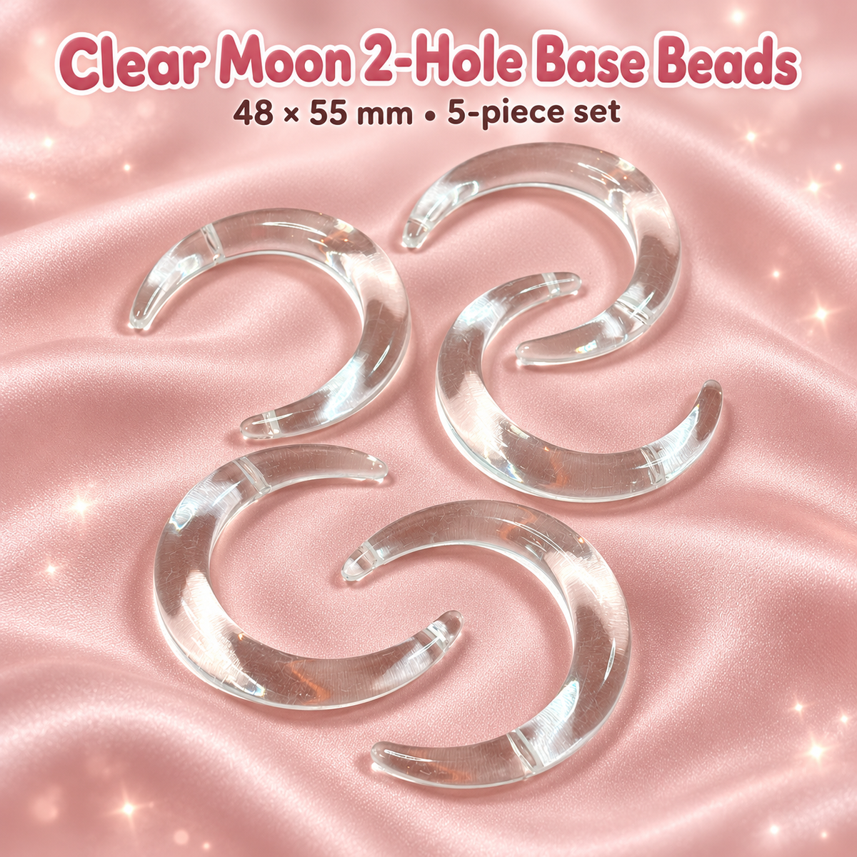 Clear Moon 2-Hole Base Beads – 48 × 55mm (5-Piece Set) on a blush pink background