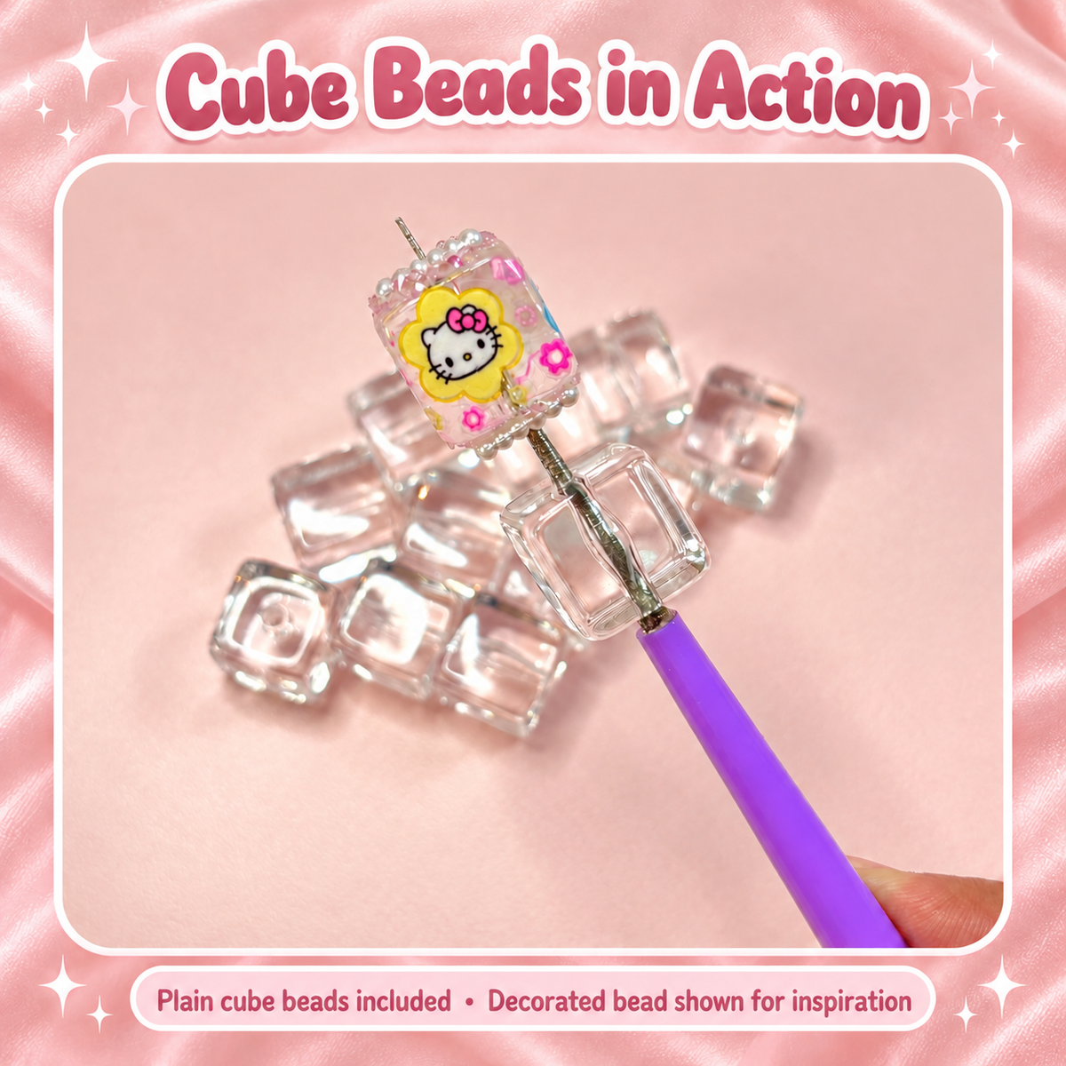 Clear cube beads with a decorated example bead on a reamer tool