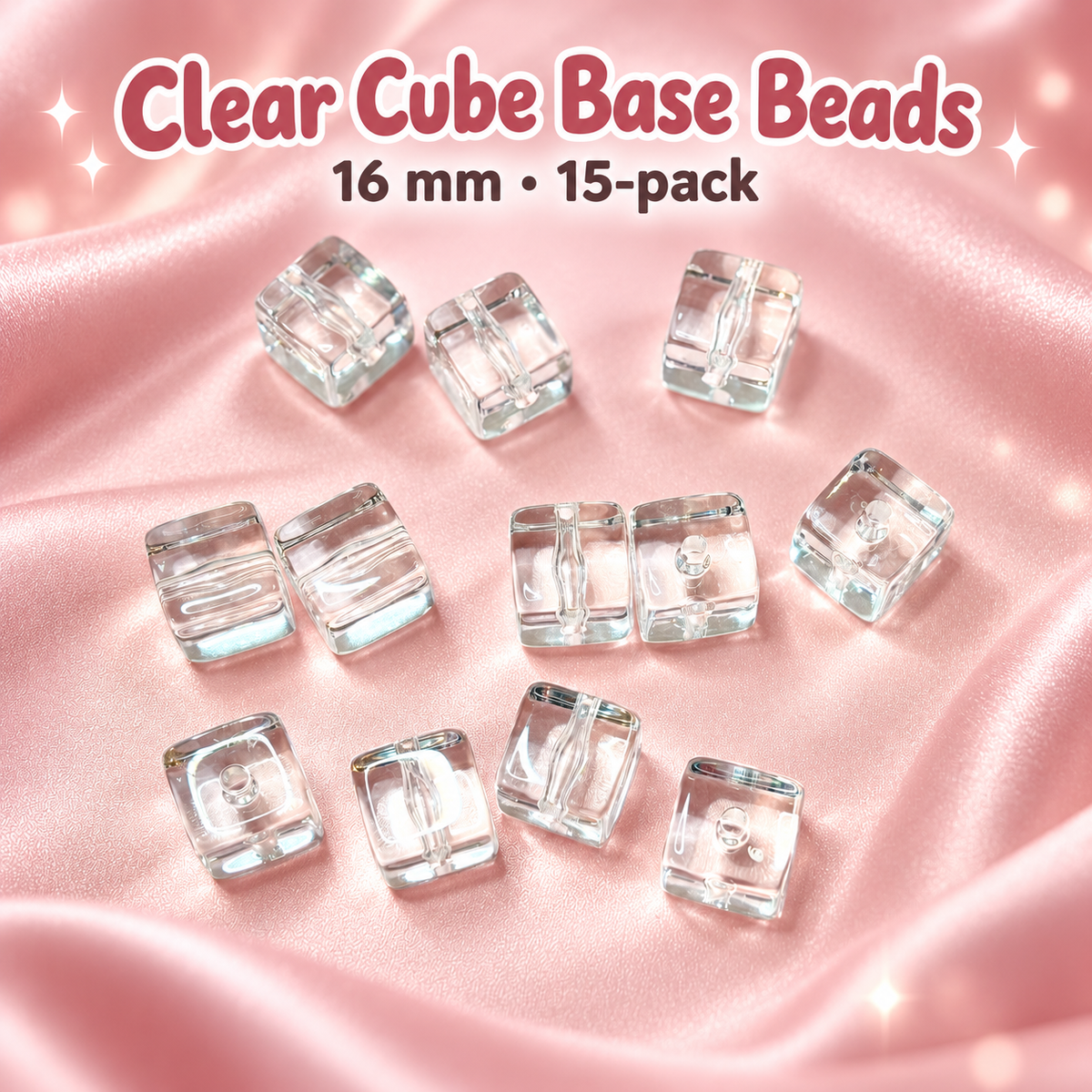 Clear Cube Base Beads – 16mm - 15 Pack on a blush pink background