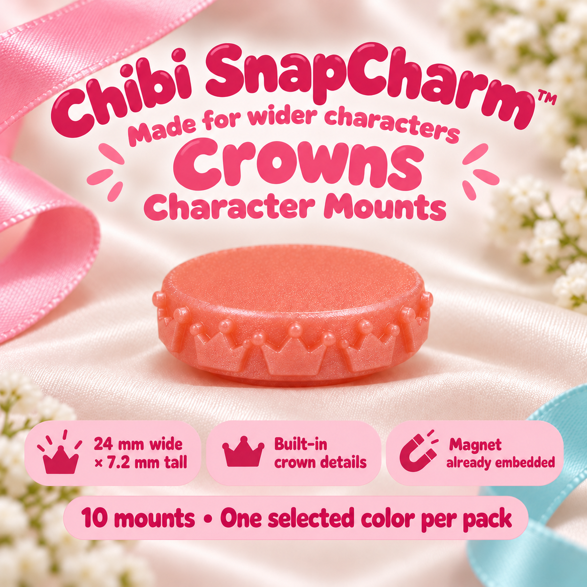 Crowns character mounts with rounded crown tips, 24 mm wide and 7.2 mm tall