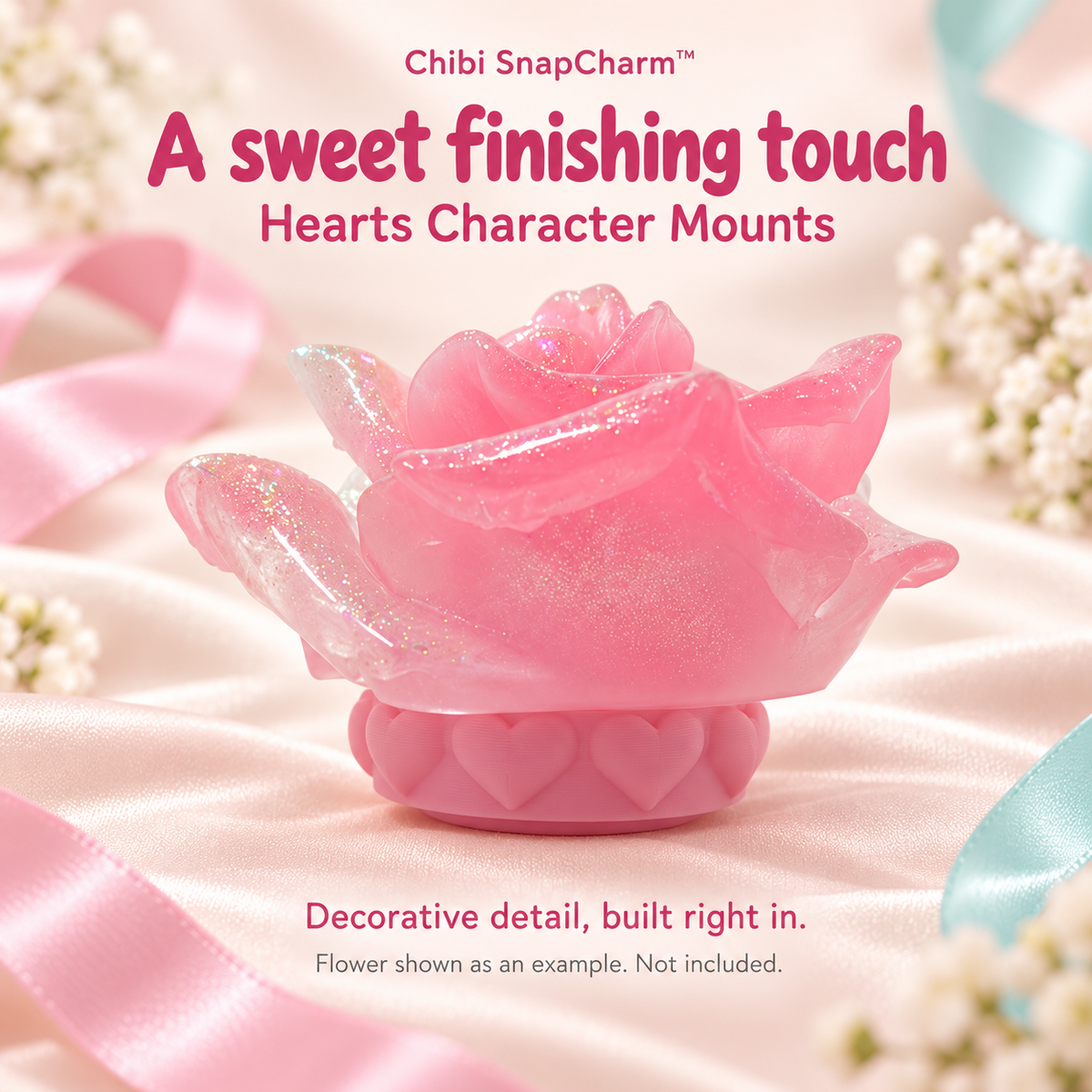 Example pink flower attached to a Hearts Character Mount. Flower not included.